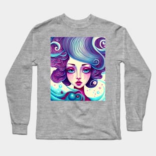 Girl with beautiful blue hair, big hairstyle, waves. Long Sleeve T-Shirt